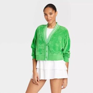 JoyLab Vibrant Green Towel Terry Woman’s Size Large Cardigan Colligate Preppy